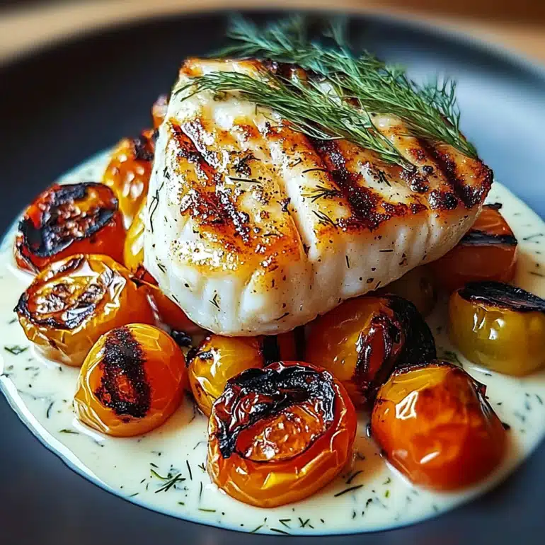 Grilled Cod with Roasted Tomatoes and Creamy Dill Sauce delights your taste buds!