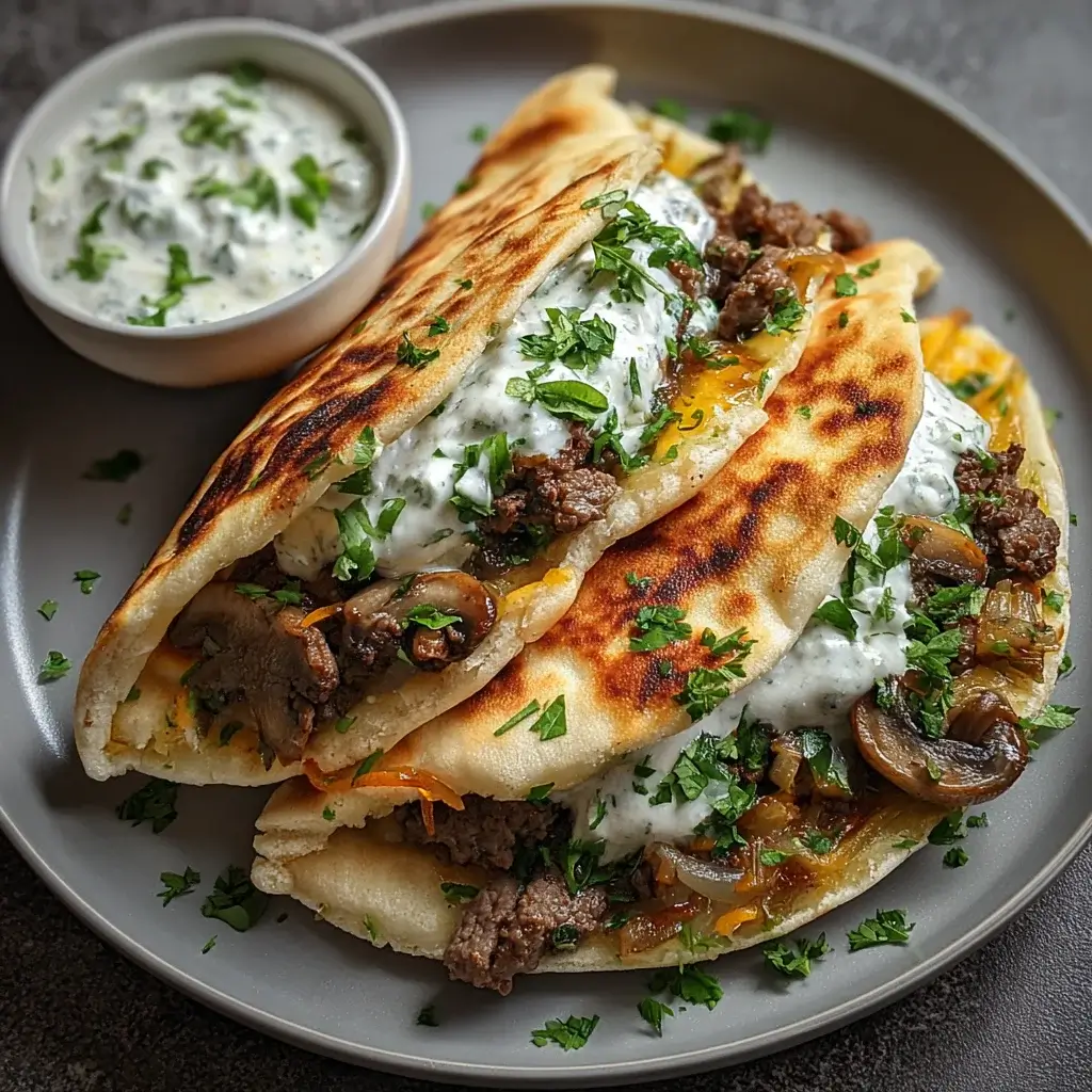 Cheesy Beef and Mushroom Pita Pockets with Tzatziki Sauce that Everyone Will Love!
