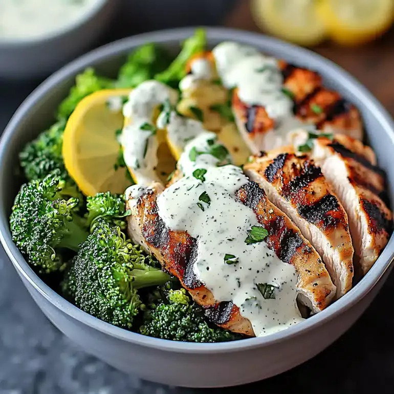 Grilled Chicken and Broccoli Bowls with Creamy Garlic Sauce for a Healthy Dinner Delight!