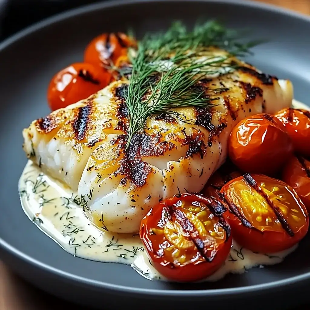 Grilled Cod with Roasted Tomatoes and Creamy Dill Sauce is Delicious!