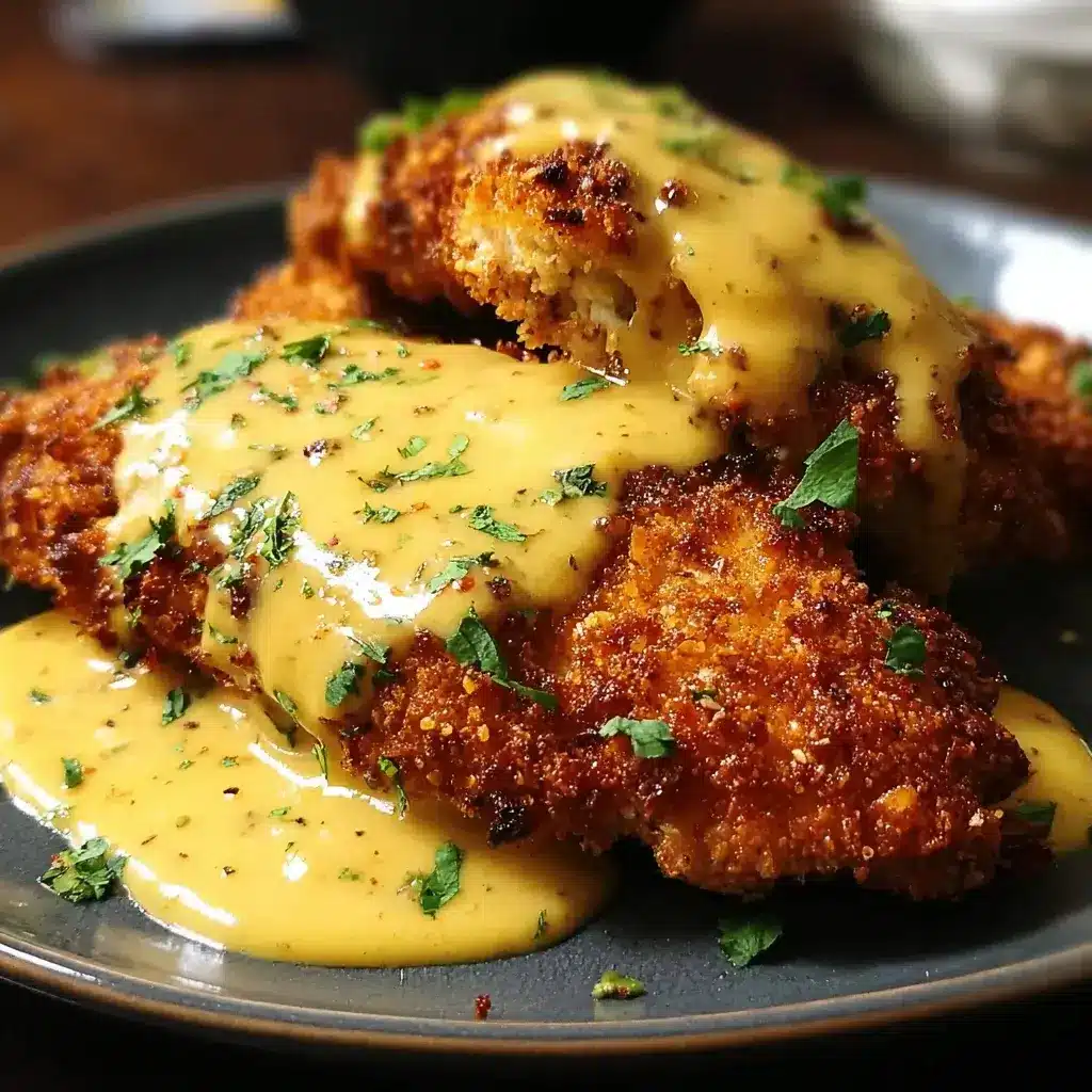 Pretzel-Crusted Chicken with Mustard Cheddar Sauce delights!