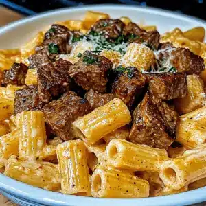 Cajun Steak Tips in Cheesy Rigatoni Parmesan Sauce