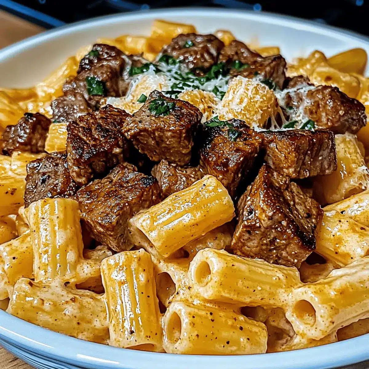Cajun Steak Tips in Cheesy Rigatoni Parmesan Sauce Bliss