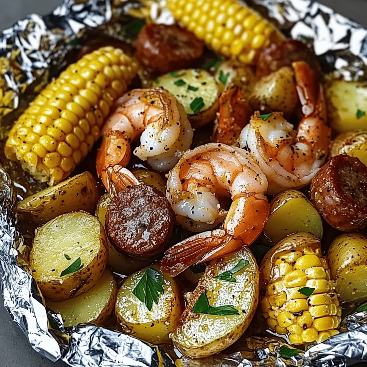 Shrimp, Corn, Potatoes, and Smoked Sausage Foil Pack Delight