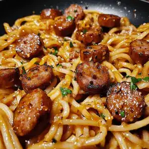 Sticky Honey Garlic Sausage Pasta Skillet