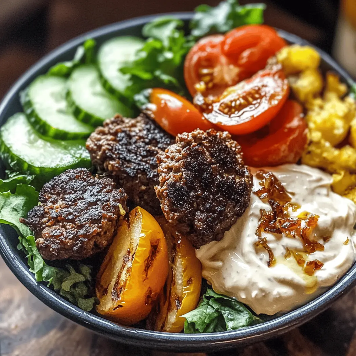 Burger Bowls with Caramelized Onion Aioli for a Cozy Twist