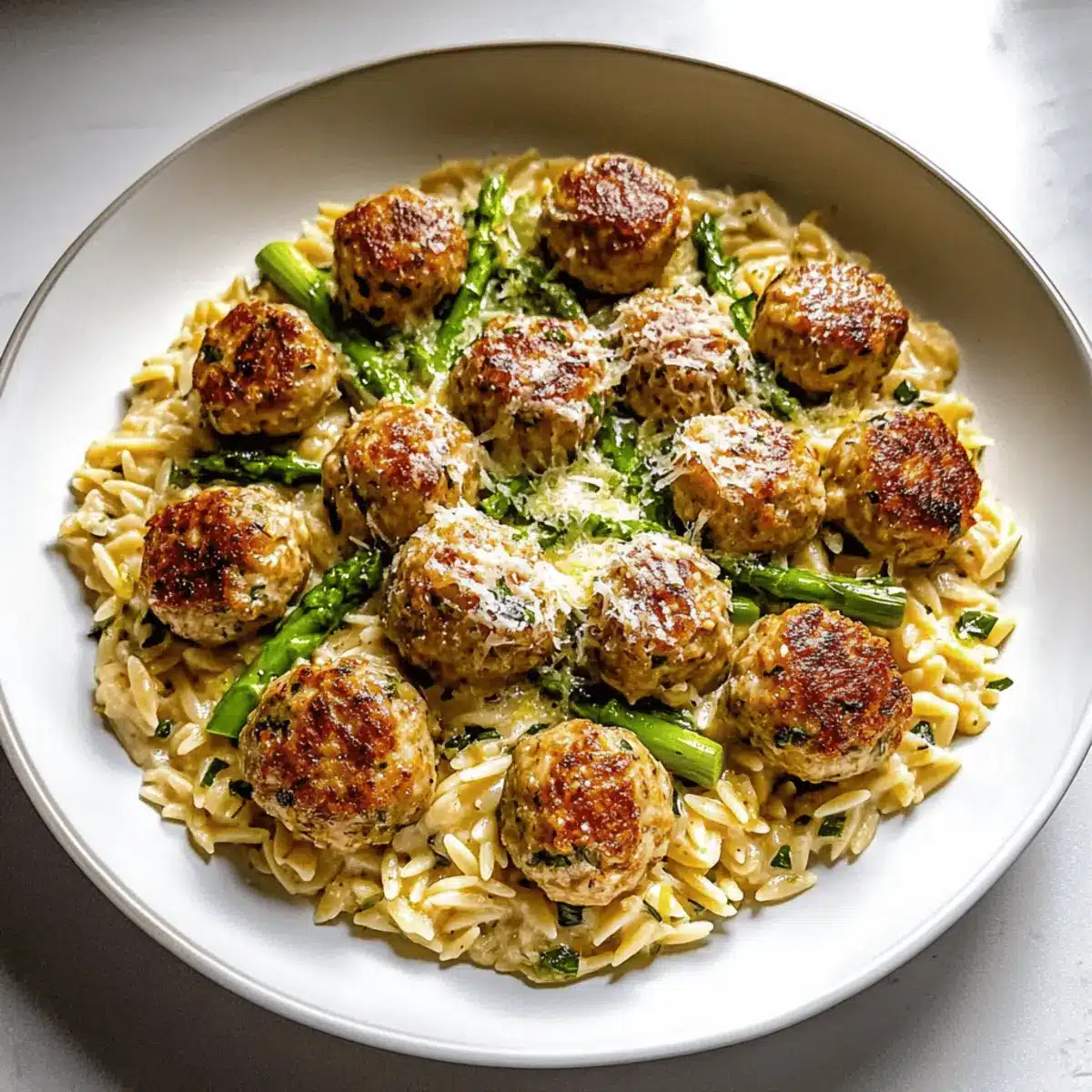 Lemony Boursin Chicken Meatballs with Cheesy Asparagus Orzo Delight