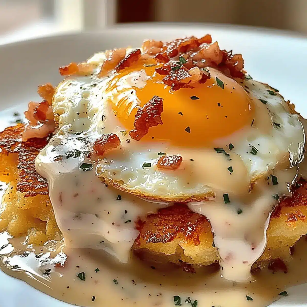 Egg Topped Hash Browns With Bacon Gravy for Cozy Mornings