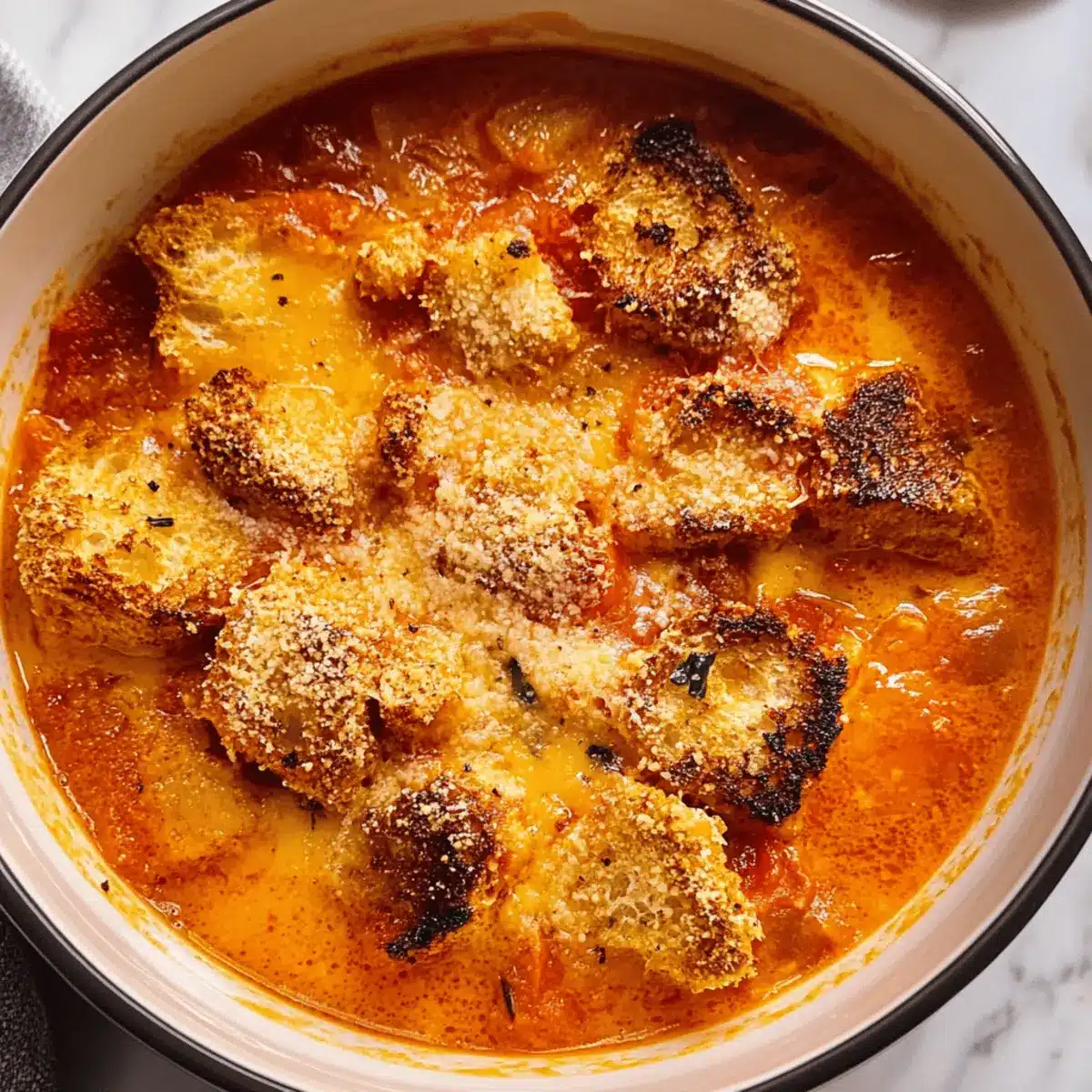 Roasted Tomato Soup with Cheesy Crouton Topper for Cozy Nights