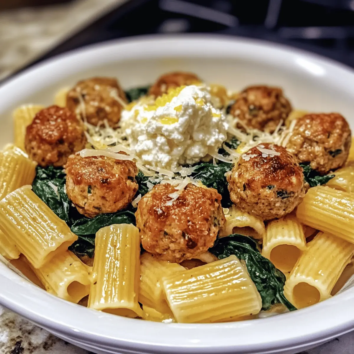 Zesty Turkey & Ricotta Meatballs with Garlic Spinach Rigatoni Delight