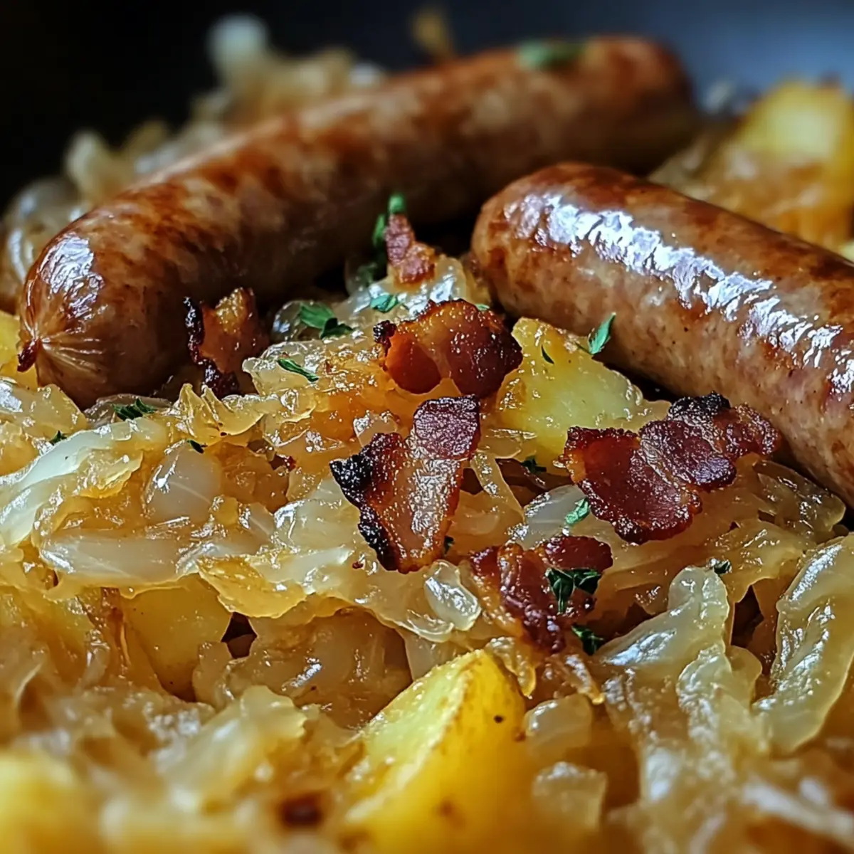 Savor Authentic German Sauerkraut with Bratwurst & Bacon Potatoes