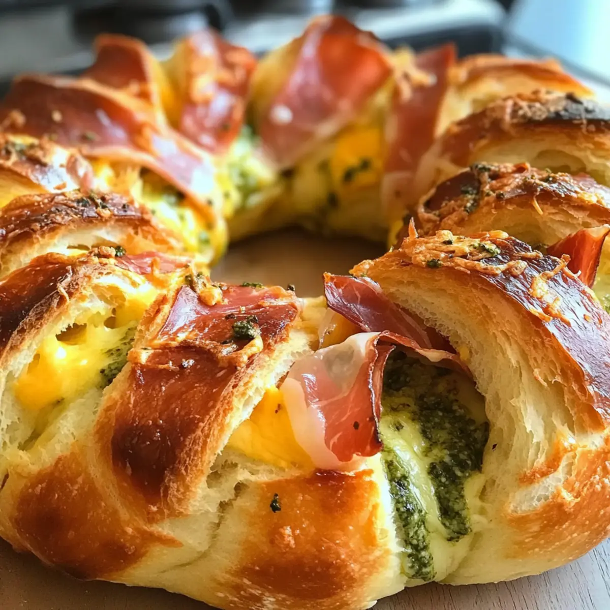 Saffron Wreath Bread with Prosciutto Gruyere and Pesto