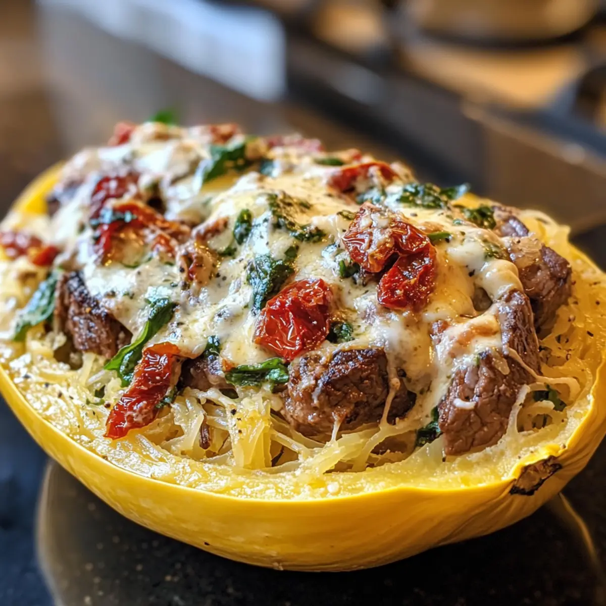 Keto Low Carb Steak Gorgonzola Alfredo Spaghetti Squash