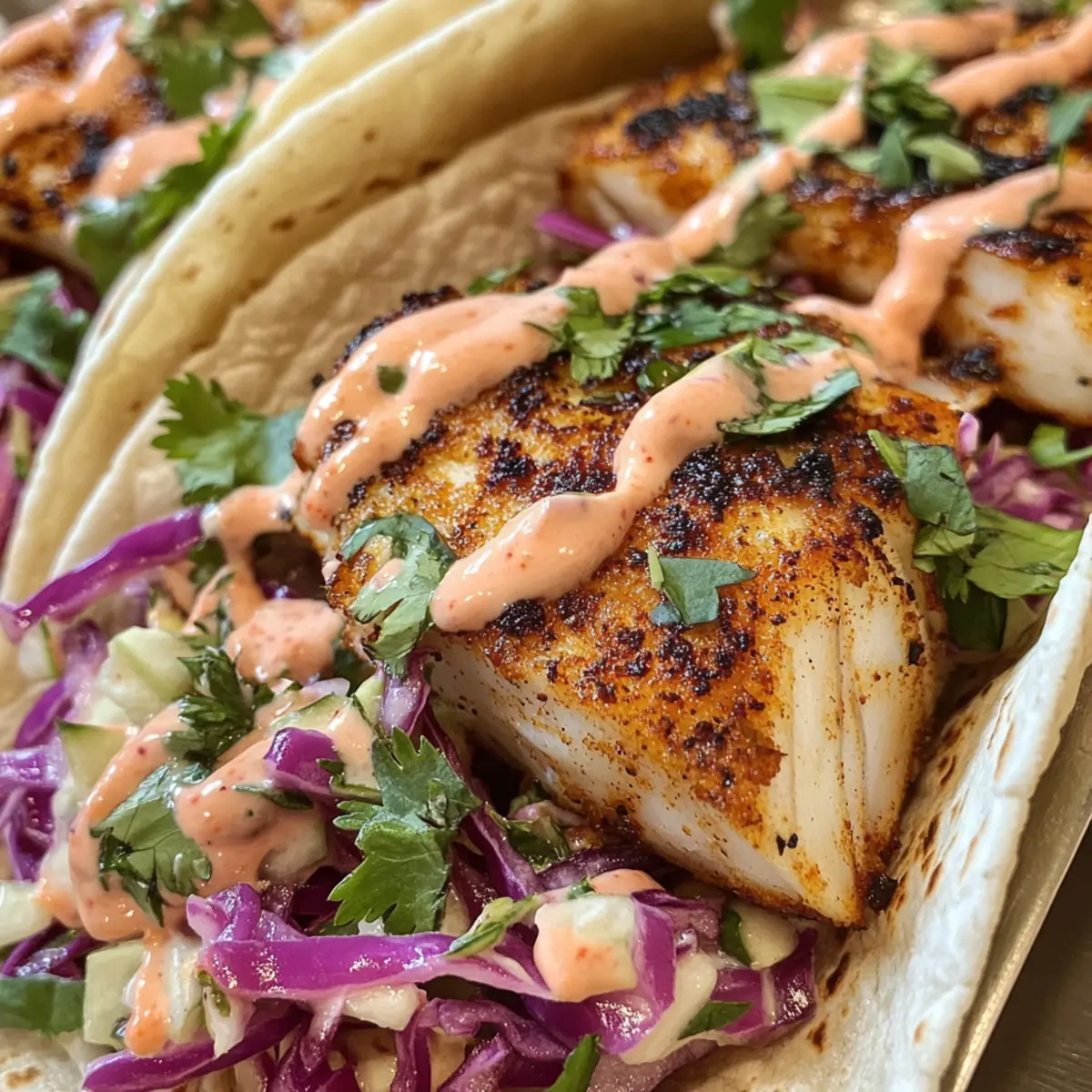 Blackened Fish Tacos with Cilantro Slaw and Sriracha Mayo