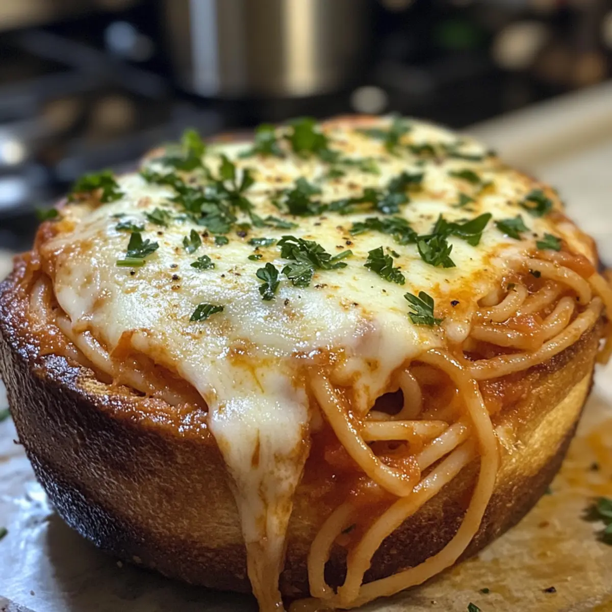 Cheezy Spaghetti Garlic Bread Bowls