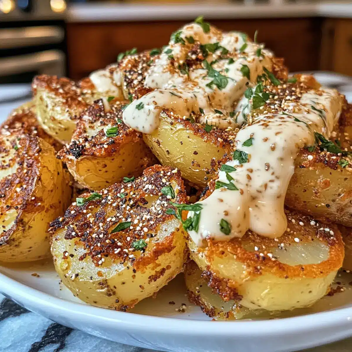 Crispy Za’atar Smashed Potatoes with Creamy Tahini Yogurt